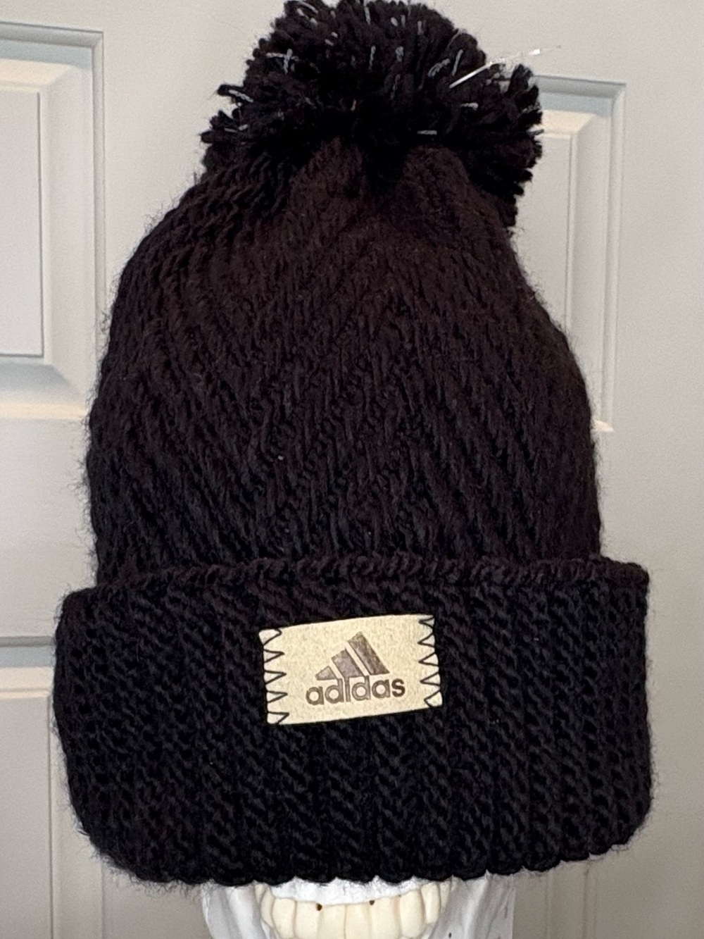 adidas Women's Black Knit Logo Pom Beanie Hat One Size Acrylic